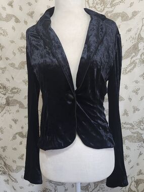 VTG Y2K Express Crushed Velvet Blazer Jacket Size small Short One-Button navy